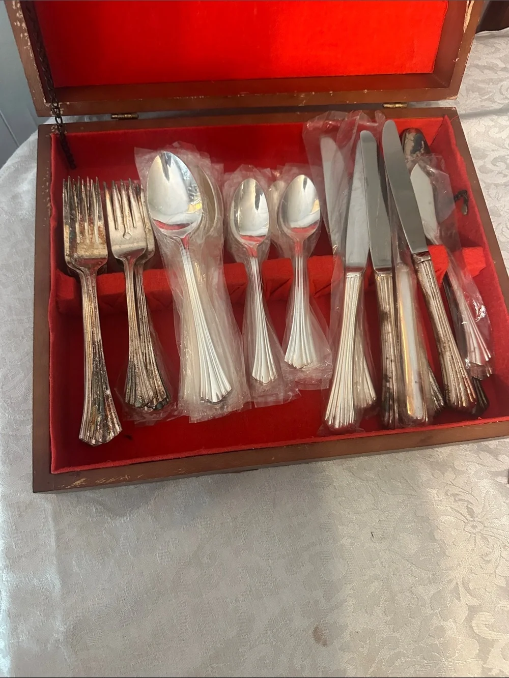 Classic Silver-Plated Flatware Set in Red Velvet Case. Used and factory sealed.
